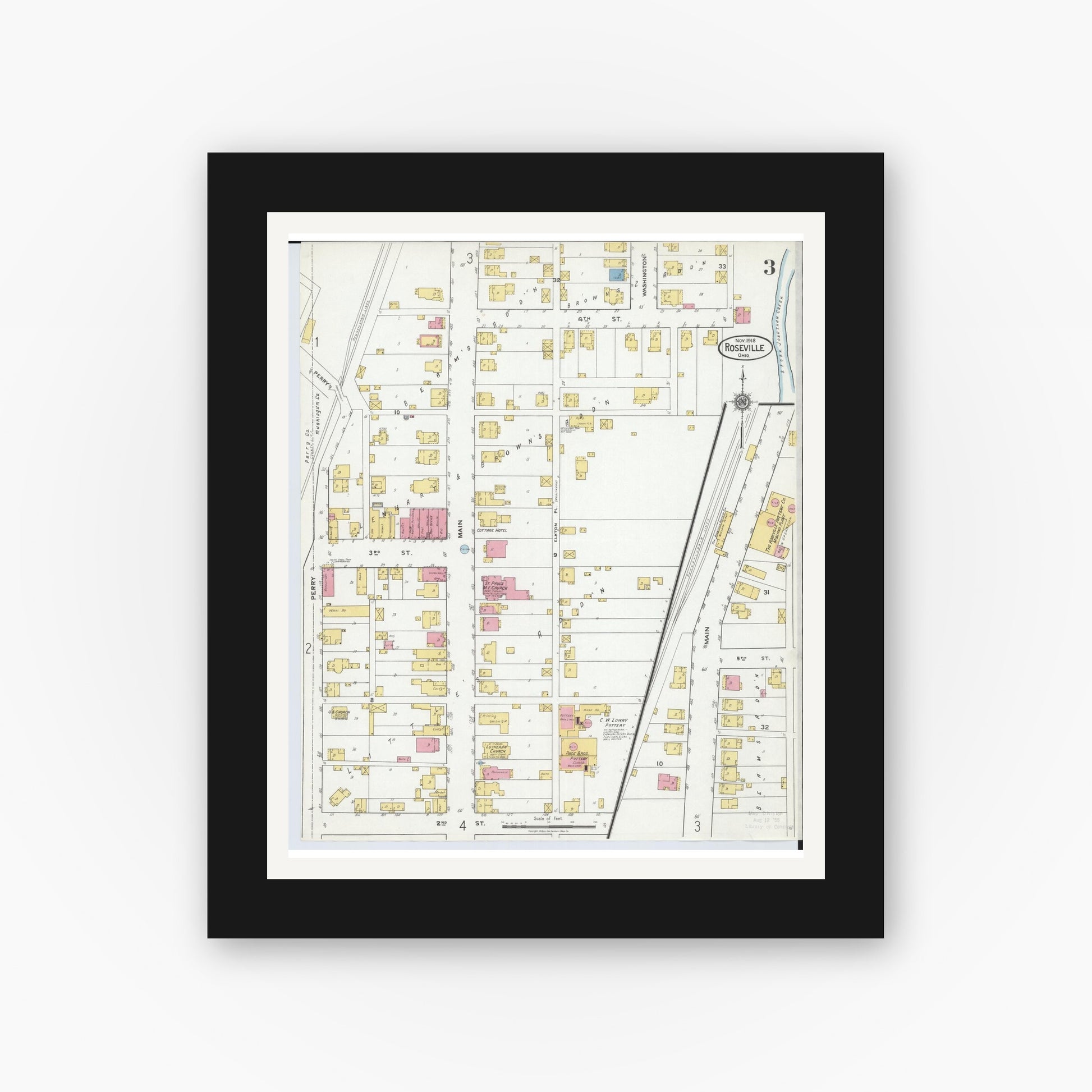 Old map wall art mockup — black gallery frame with white mat — Sanborn Fire Insurance Map from Roseville, Perry And Muskingum Counties, Ohio (1918), Sheet #0003