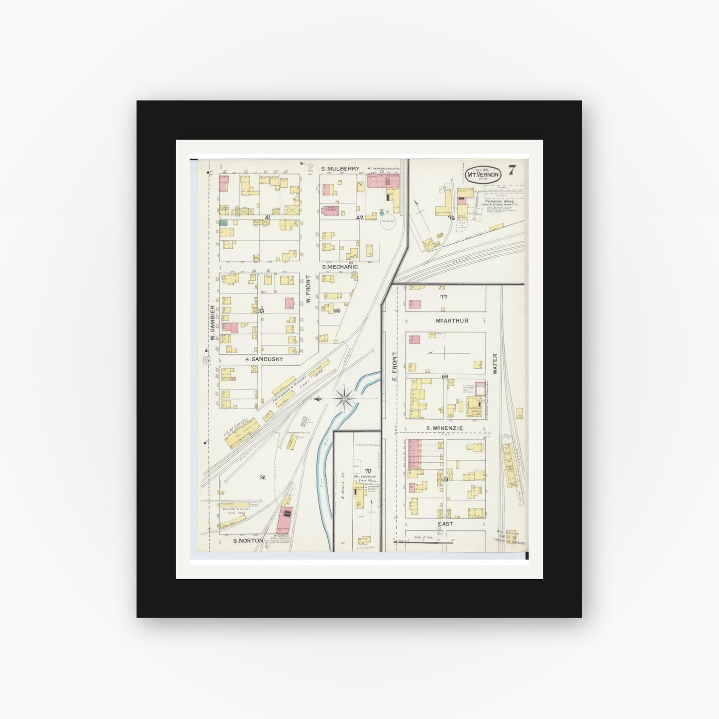 Old map wall art mockup — black gallery frame with white mat — Sanborn Fire Insurance Map from Mount Vernon, Knox County, Ohio (1892), Sheet #0007