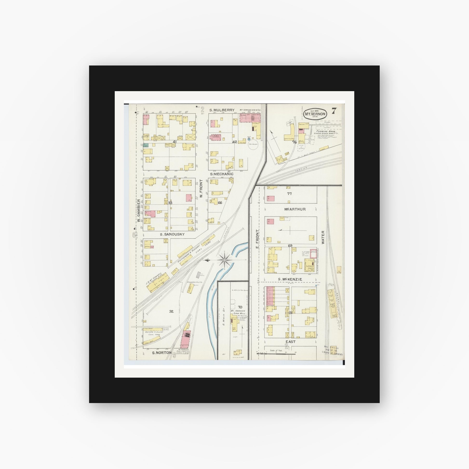 Old map wall art mockup — black gallery frame with white mat — Sanborn Fire Insurance Map from Mount Vernon, Knox County, Ohio (1892), Sheet #0007