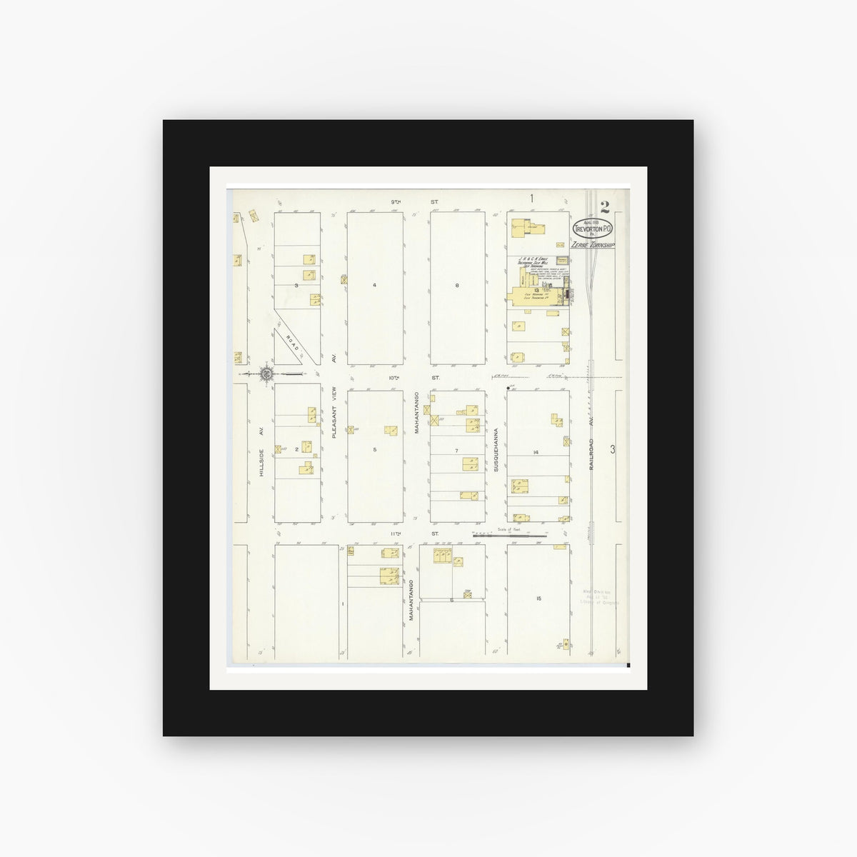 Old map wall art mockup — black gallery frame with white mat — Sanborn Fire Insurance Map from Trevorton Post Office, Northumberland County, Pennsylvania (1913), Sheet #0002