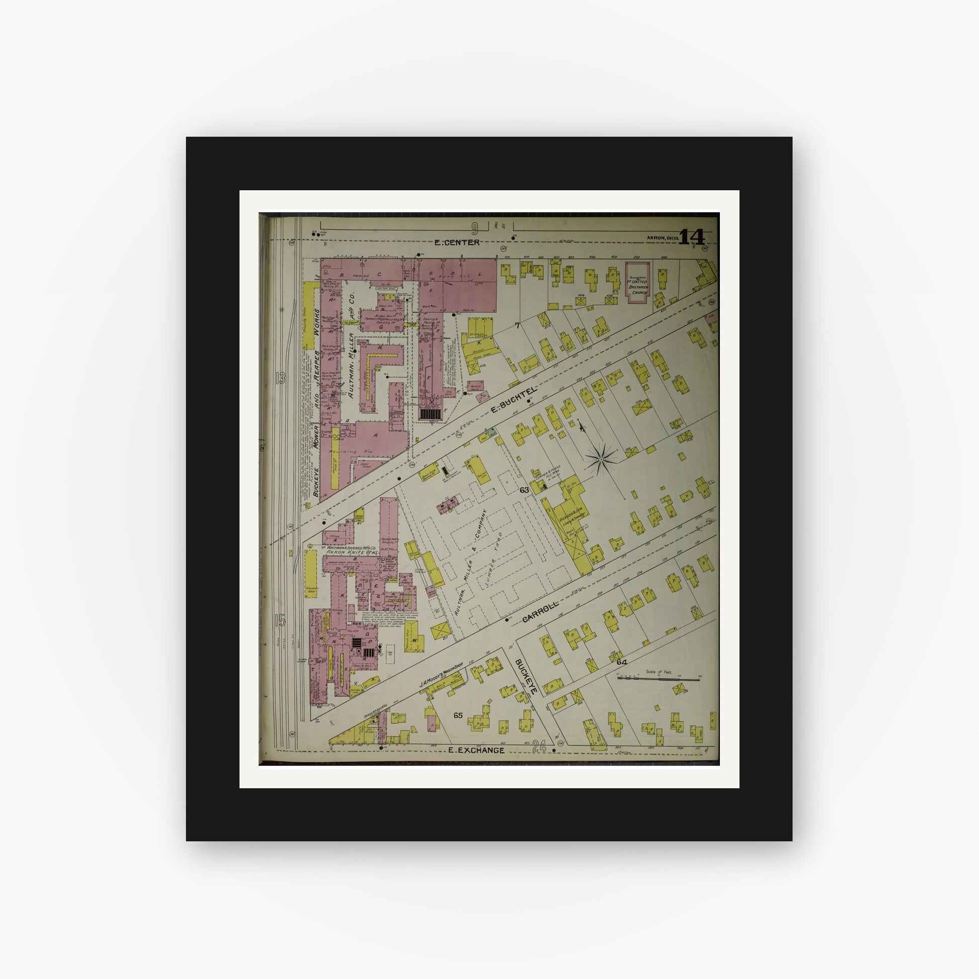 Old map wall art mockup — black gallery frame with white mat — Sanborn Fire Insurance Map from Akron, Summit County, Ohio (1892), Sheet #0014