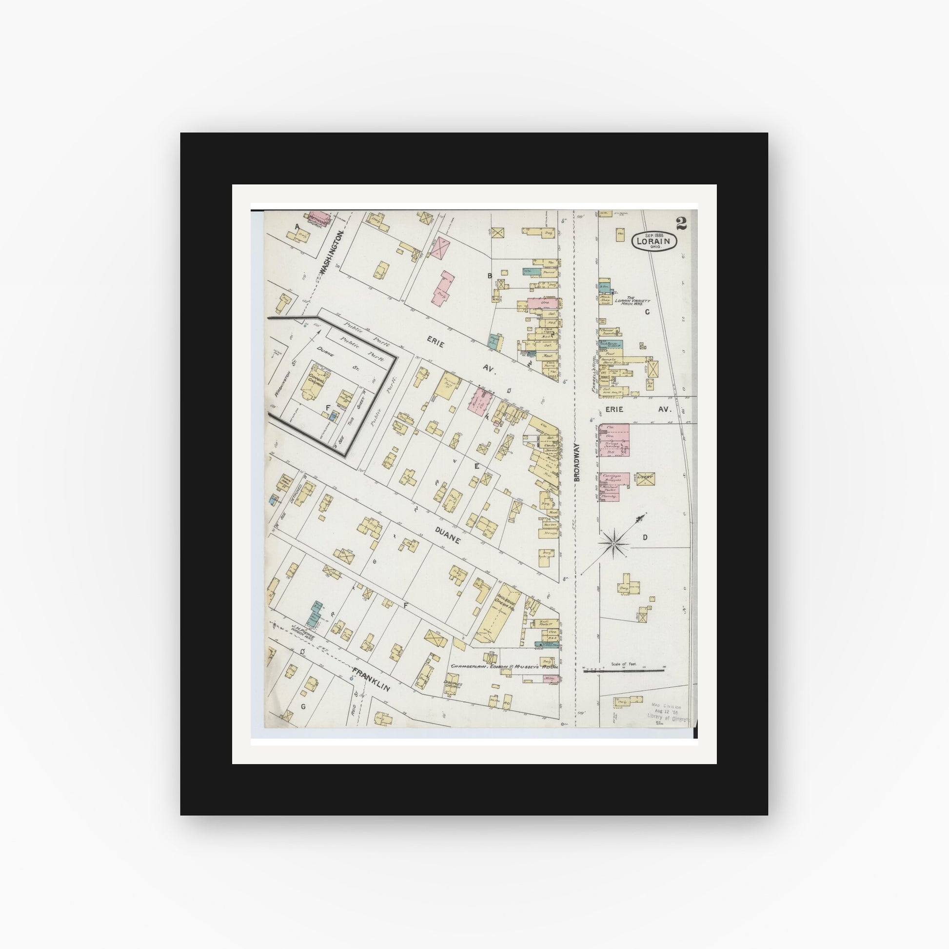 Old map wall art mockup — black gallery frame with white mat — Sanborn Fire Insurance Map from Lorain, Lorain County, Ohio (1888), Sheet #0002