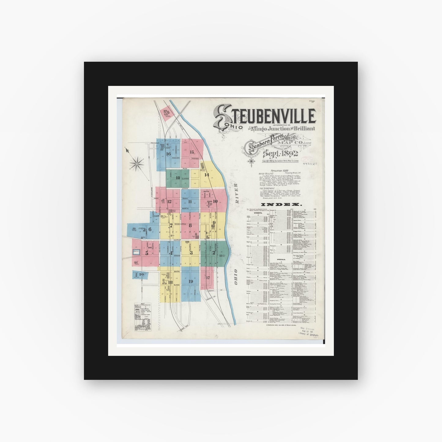 Old map wall art mockup — black gallery frame with white mat — Sanborn Fire Insurance Map from Steubenville, Jefferson County, Ohio (1892), Sheet #0001
