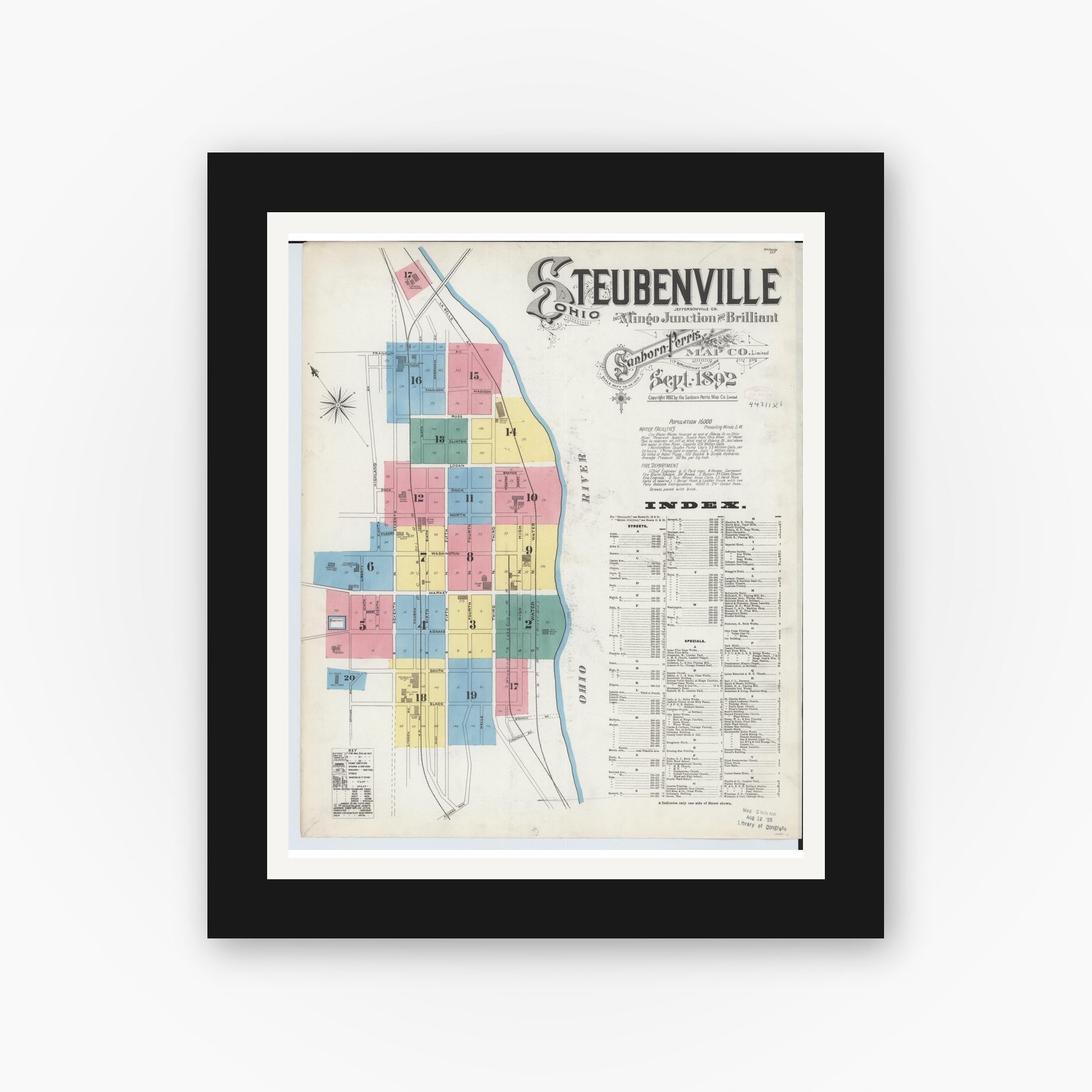 Old map wall art mockup — black gallery frame with white mat — Sanborn Fire Insurance Map from Steubenville, Jefferson County, Ohio (1892), Sheet #0001