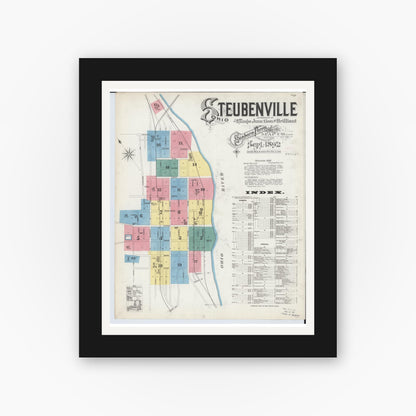 Old map wall art mockup — black gallery frame with white mat — Sanborn Fire Insurance Map from Steubenville, Jefferson County, Ohio (1892), Sheet #0001
