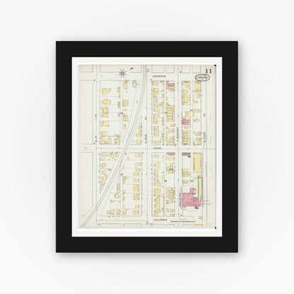 Old map wall art mockup — black gallery frame with white mat — Sanborn Fire Insurance Map from Corning, Steuben County, New York (1893), Sheet #0011