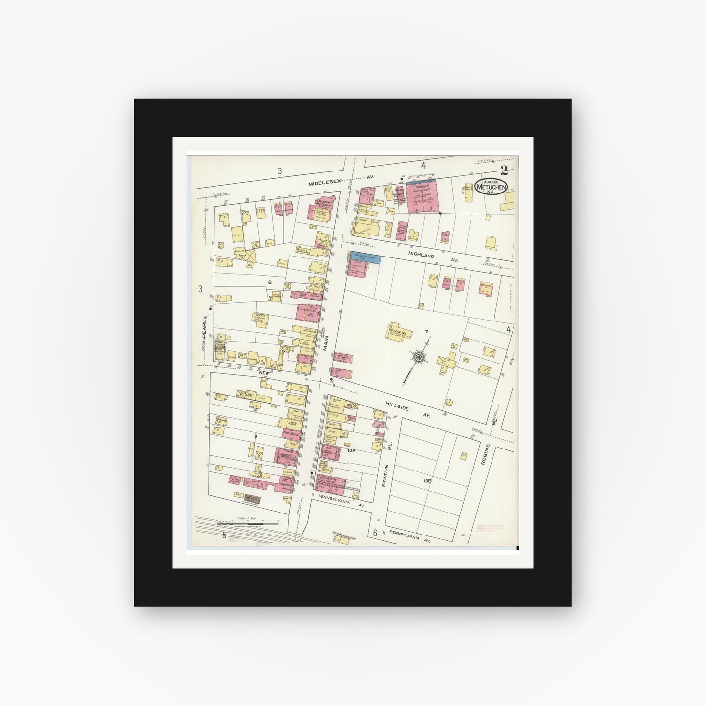 Old map wall art mockup — black gallery frame with white mat — Sanborn Fire Insurance Map from Metuchen, Middlesex County, New Jersey (1920), Sheet #0002