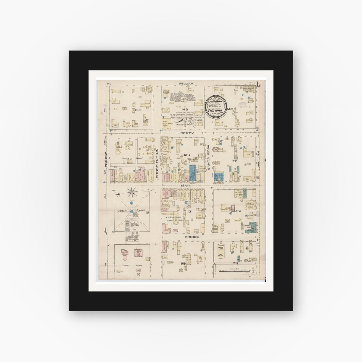 Old map wall art mockup — black gallery frame with white mat — Sanborn Fire Insurance Map from Victoria, Victoria County, Texas (1885) - Complete Map Set