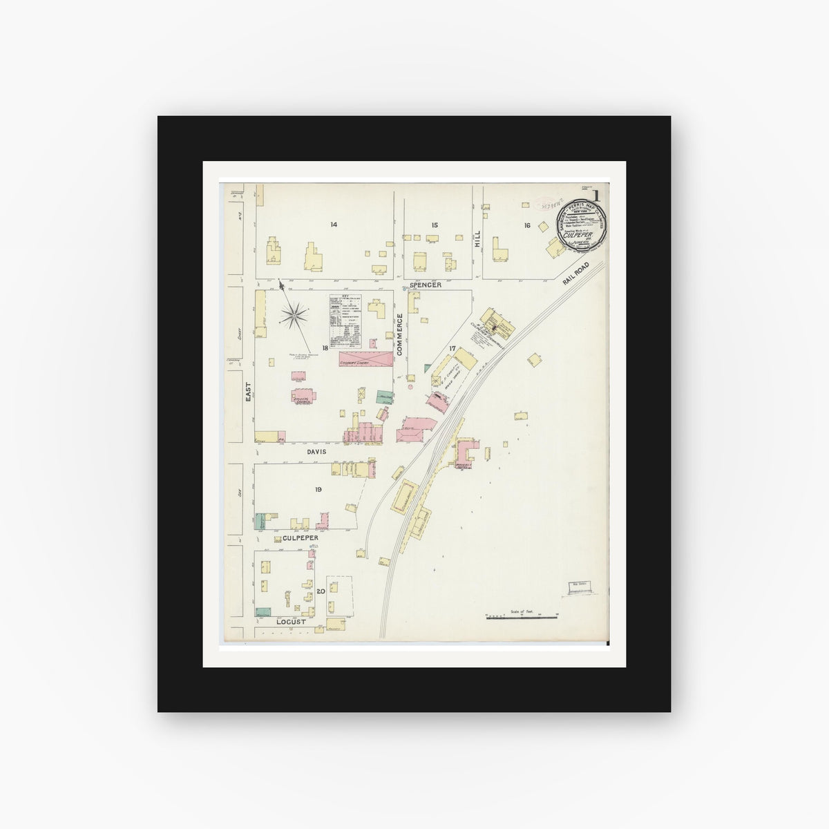 Old map wall art mockup — black gallery frame with white mat — Sanborn Fire Insurance Map from Culpeper, Culpeper County, Virginia (1891), Sheet #0001