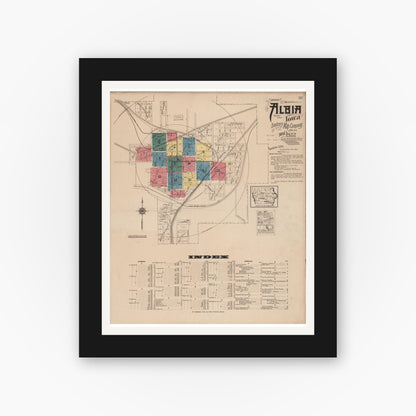 Old map wall art mockup — black gallery frame with white mat — Sanborn Fire Insurance Map from Albia, Monroe County, Iowa (1922) â€” Complete Set