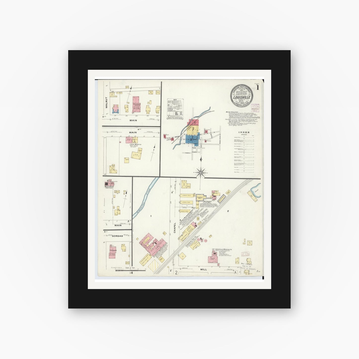 Old map wall art mockup — black gallery frame with white mat — Sanborn Fire Insurance Map from Louisville, Stark County, Ohio (1908) - Complete Map Set