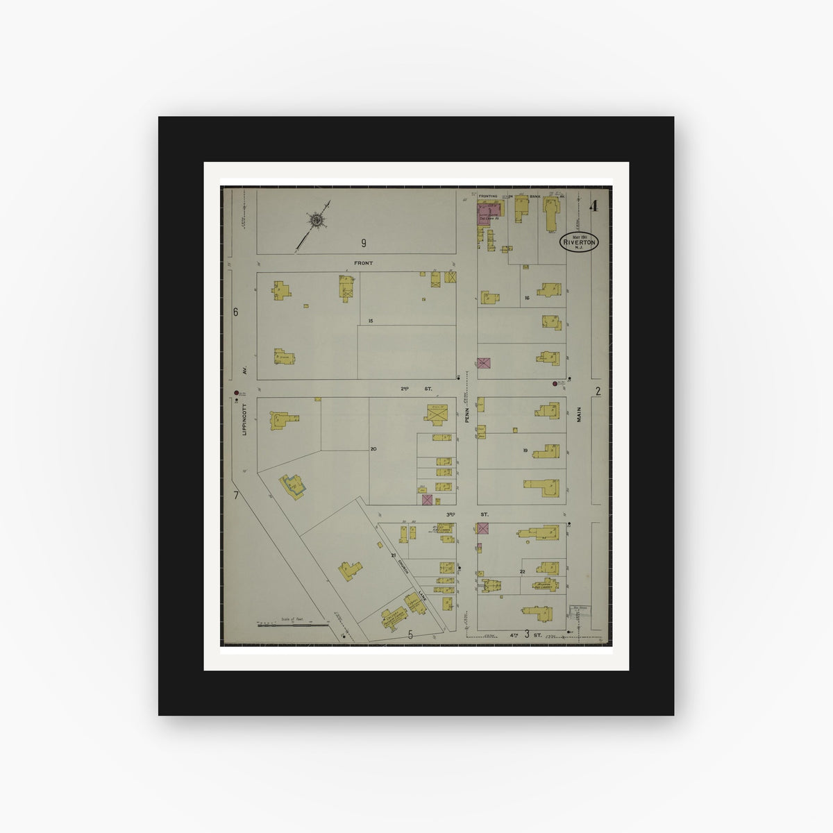 Old map wall art mockup — black gallery frame with white mat — Sanborn Fire Insurance Map from Riverton, Burlington County, New Jersey (1911), Sheet #0004