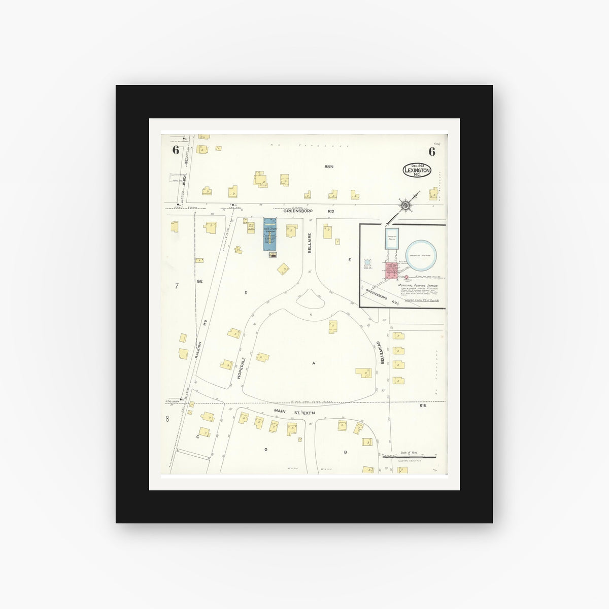 Old map wall art mockup — black gallery frame with white mat — Sanborn Fire Insurance Map from Lexington, Davidson County, North Carolina (1923), Sheet #0006