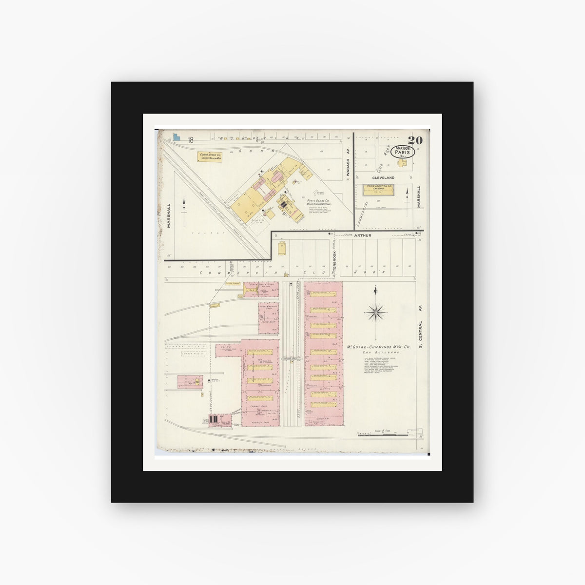 Old map wall art mockup — black gallery frame with white mat — Sanborn Fire Insurance Map from Paris, Edgar County, Illinois (1908), Sheet #0020