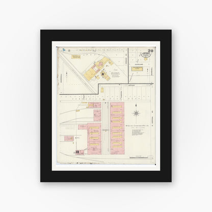 Old map wall art mockup — black gallery frame with white mat — Sanborn Fire Insurance Map from Paris, Edgar County, Illinois (1908), Sheet #0020