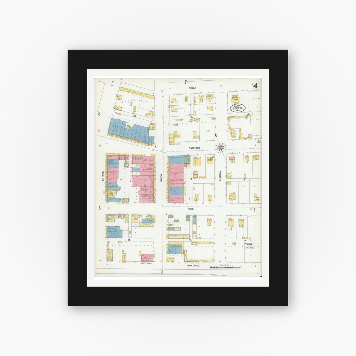 Old map wall art mockup — black gallery frame with white mat — Sanborn Fire Insurance Map from Bowie, Montague County, Texas (1902), Sheet #0004