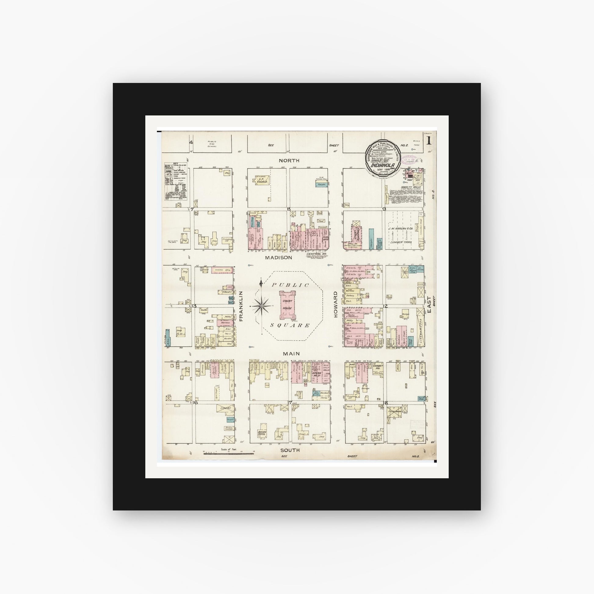 Old map wall art mockup — black gallery frame with white mat — Sanborn Fire Insurance Map from Indianola, Warren County, Iowa (1886) â€” Complete Set