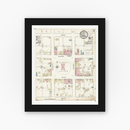 Old map wall art mockup — black gallery frame with white mat — Sanborn Fire Insurance Map from Indianola, Warren County, Iowa (1886) â€” Complete Set