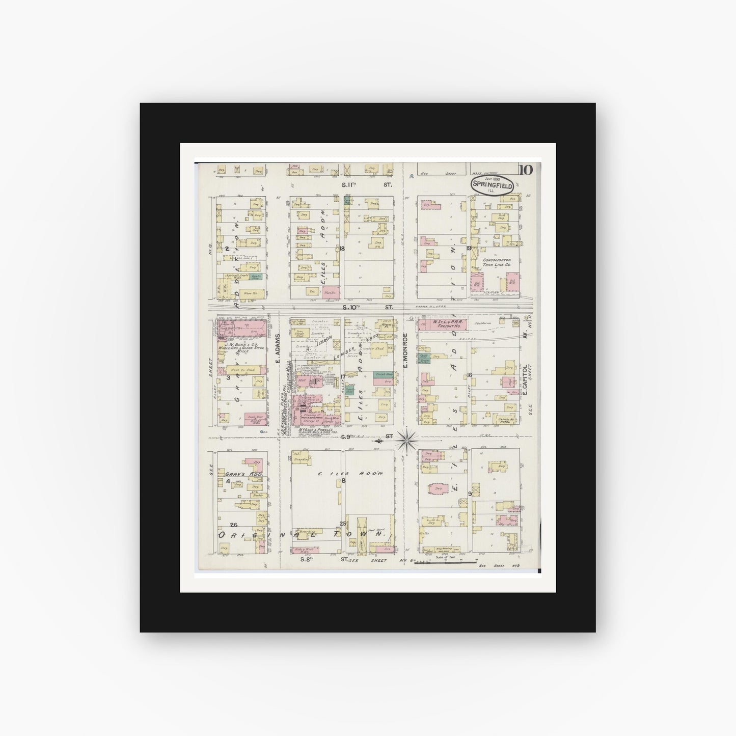 Old map wall art mockup — black gallery frame with white mat — Sanborn Fire Insurance Map from Springfield, Sangamon County, Illinois (1890), Sheet #0010