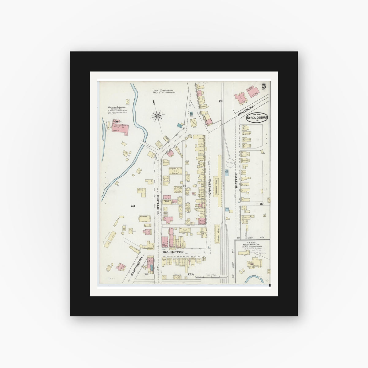 Old map wall art mockup — black gallery frame with white mat — Sanborn Fire Insurance Map from Stroudsburg, Monroe County, Pennsylvania (1892), Sheet #0005