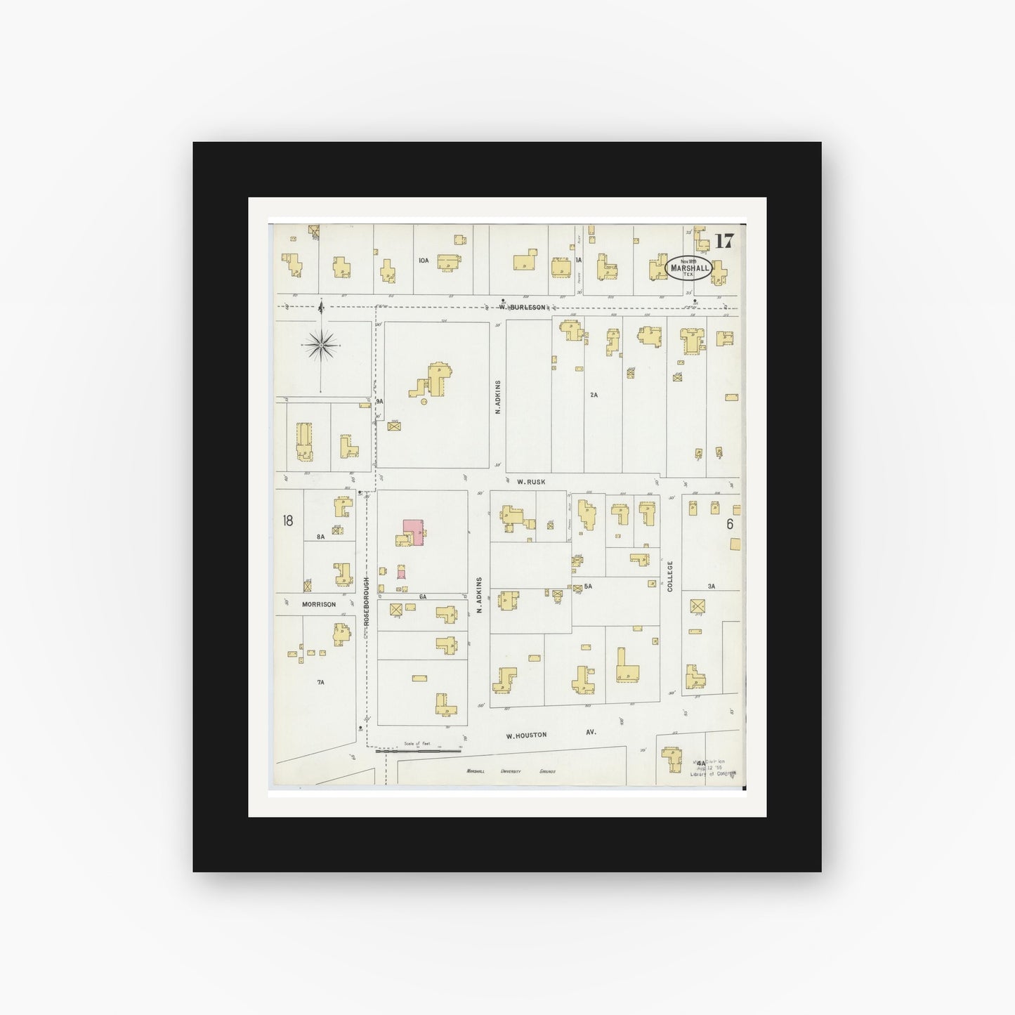 Old map wall art mockup — black gallery frame with white mat — Sanborn Fire Insurance Map from Marshall, Harrison County, Texas (1899), Sheet #0017