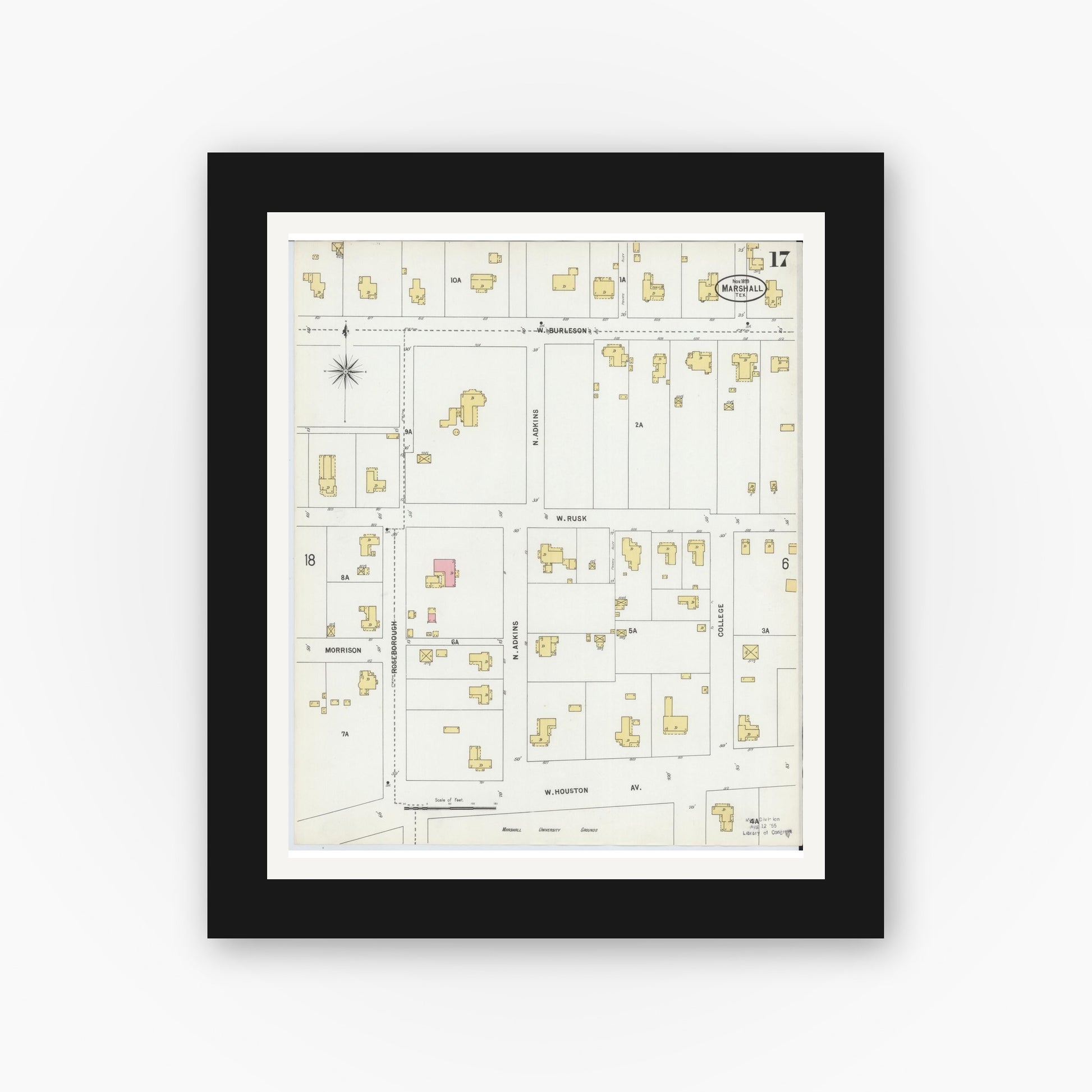 Old map wall art mockup — black gallery frame with white mat — Sanborn Fire Insurance Map from Marshall, Harrison County, Texas (1899), Sheet #0017