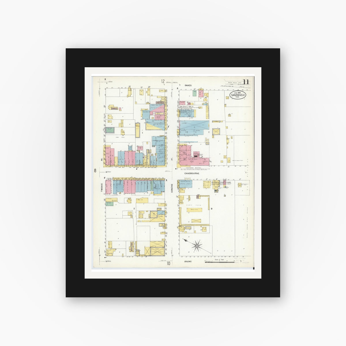 Old map wall art mockup — black gallery frame with white mat — Sanborn Fire Insurance Map from San Angelo, Tom Green County, Texas (1908), Sheet #0011