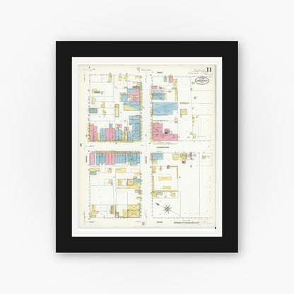 Old map wall art mockup — black gallery frame with white mat — Sanborn Fire Insurance Map from San Angelo, Tom Green County, Texas (1908), Sheet #0011