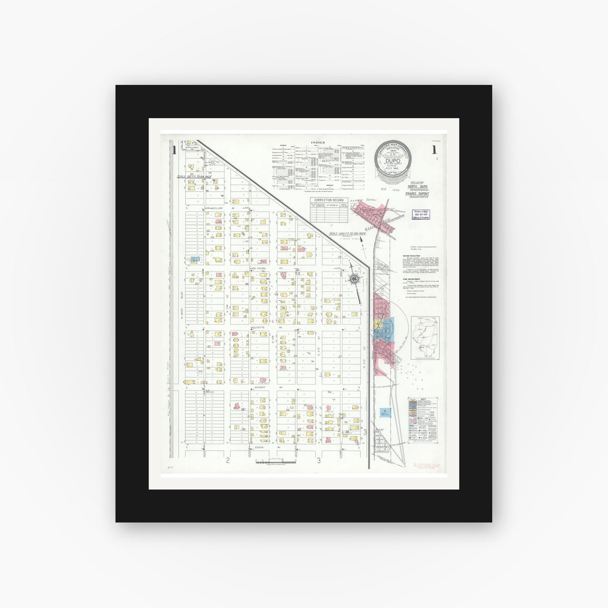 Old map wall art mockup — black gallery frame with white mat — Sanborn Fire Insurance Map from Dupo, Saint Clair County, Illinois (1941) - Complete Map Set