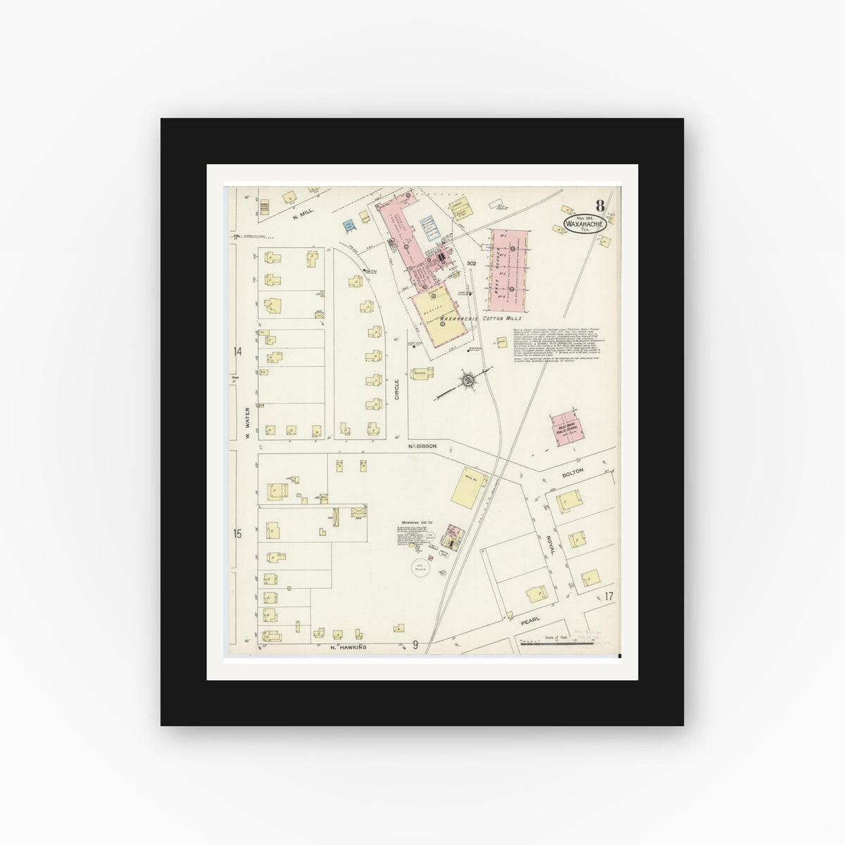 Old map wall art mockup — black gallery frame with white mat — Sanborn Fire Insurance Map from Waxahachie, Ellis County, Texas (1914), Sheet #0008
