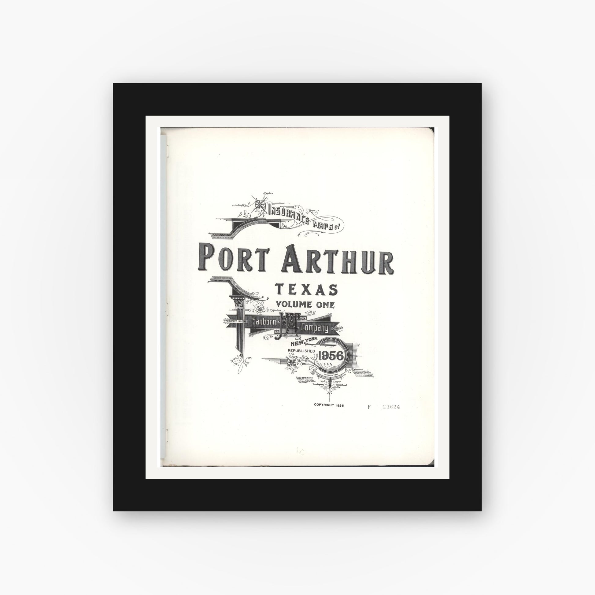 Old map wall art mockup — black gallery frame with white mat — Sanborn Fire Insurance Map from Port Arthur, Jefferson County, Texas (1956) - Complete Map Set