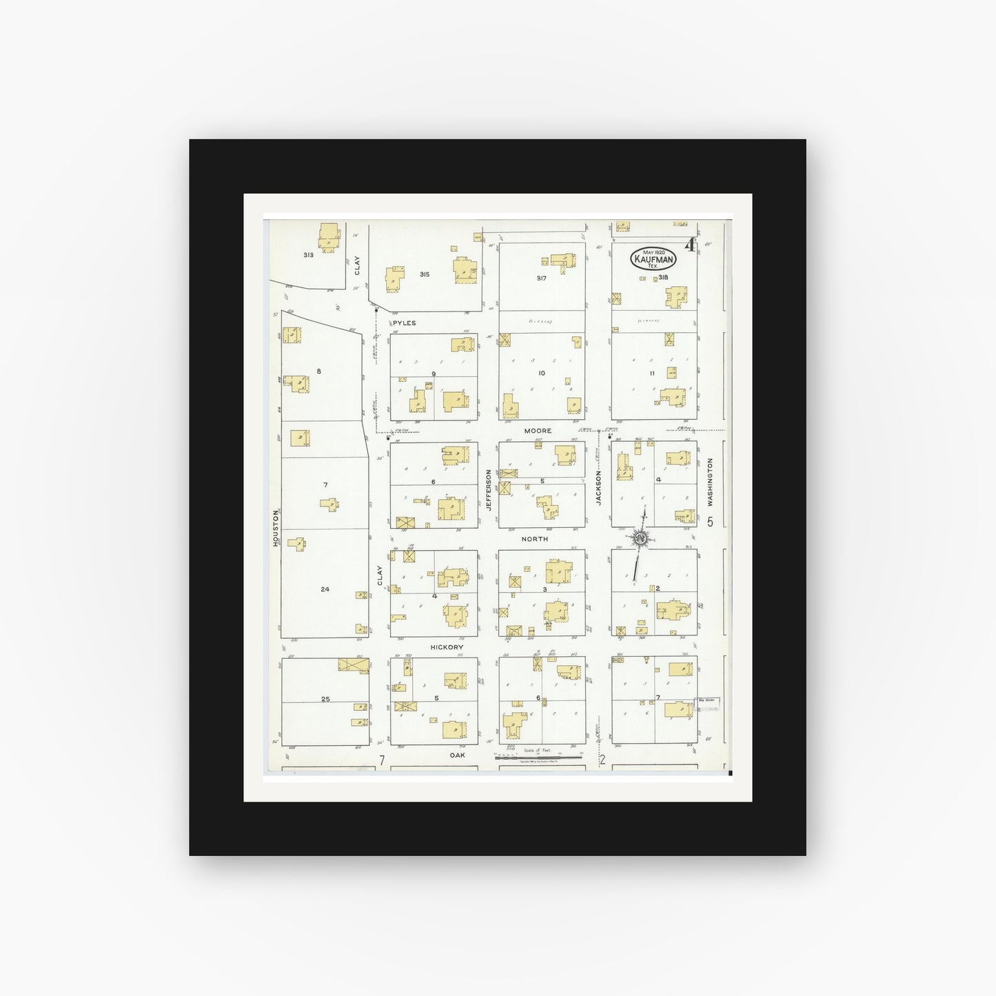 Old map wall art mockup — black gallery frame with white mat — Sanborn Fire Insurance Map from Kaufman, Kaufman County, Texas (1920), Sheet #0004