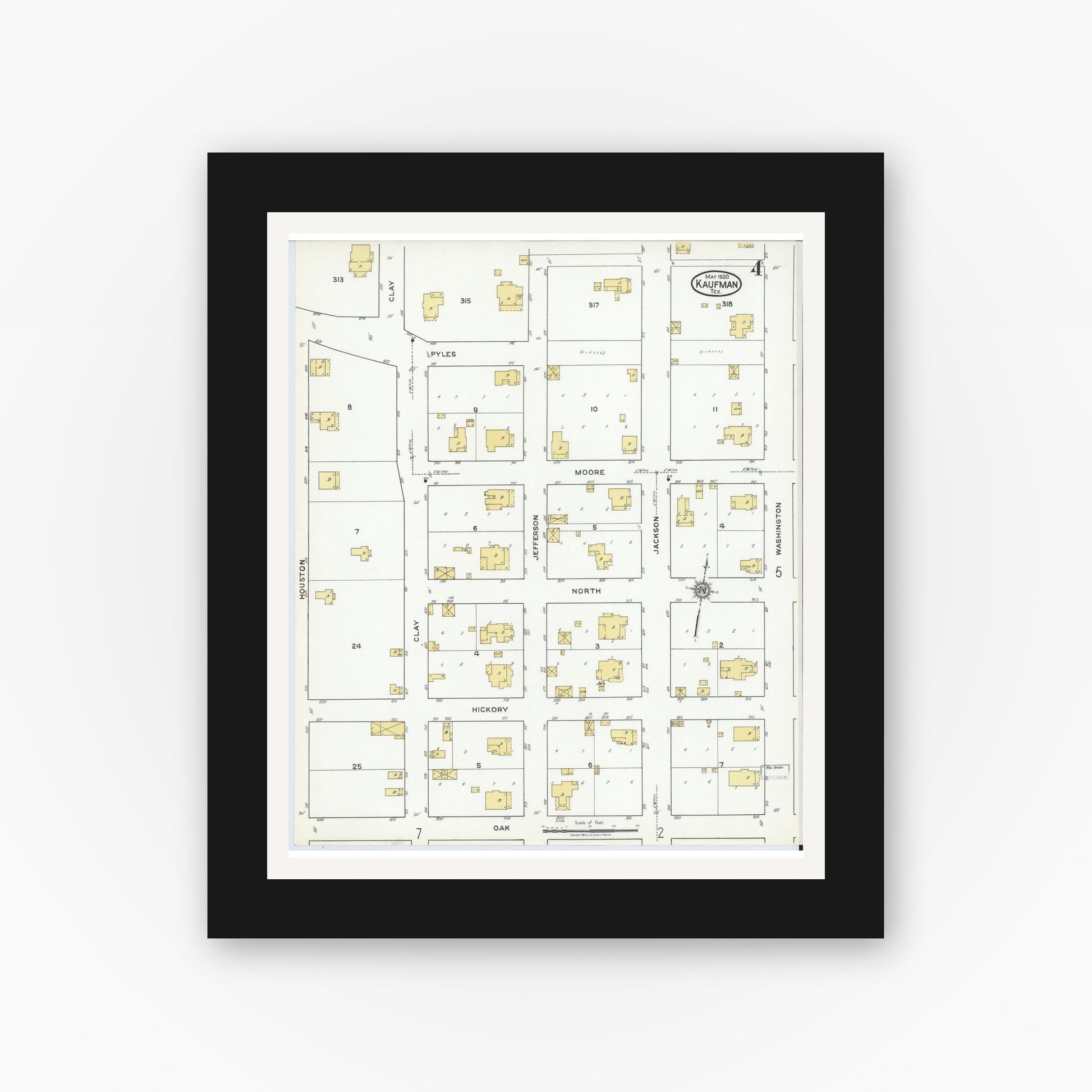 Old map wall art mockup — black gallery frame with white mat — Sanborn Fire Insurance Map from Kaufman, Kaufman County, Texas (1920), Sheet #0004
