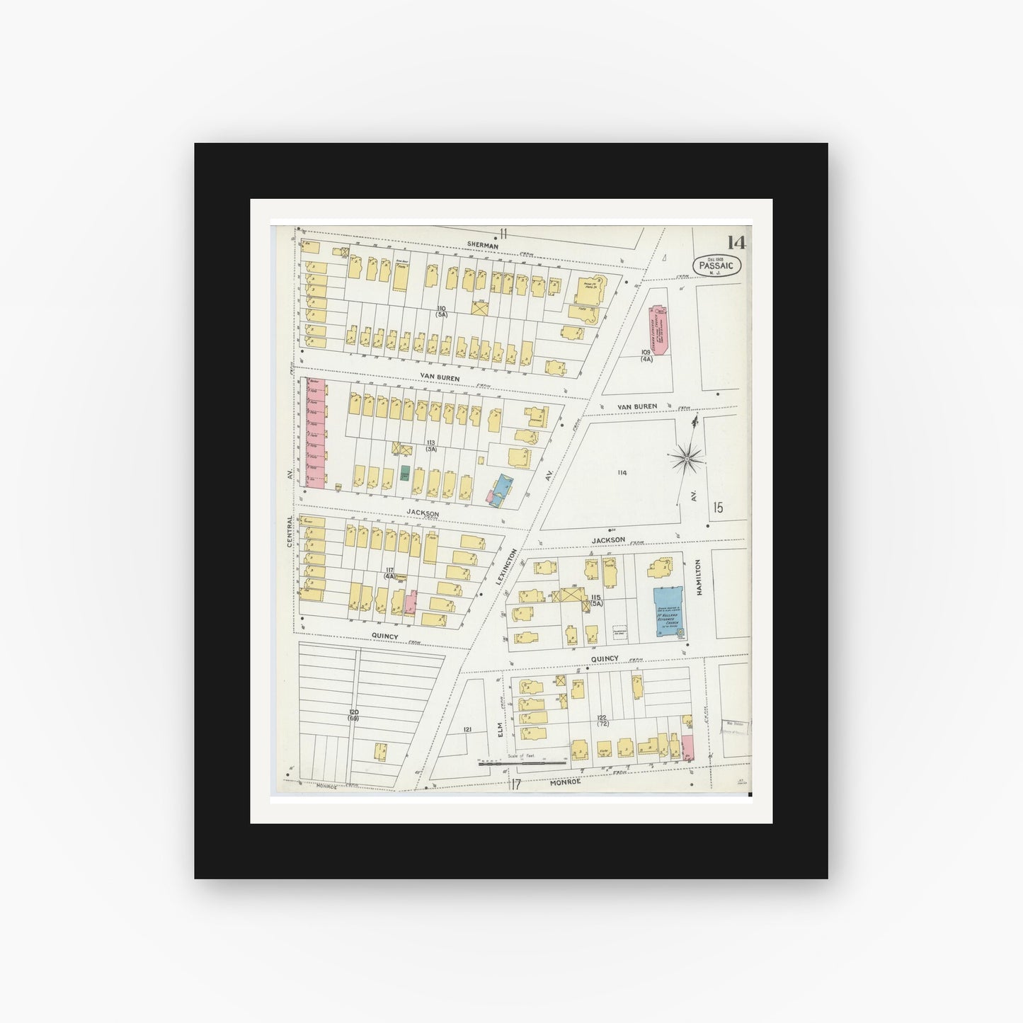 Old map wall art mockup — black gallery frame with white mat — Sanborn Fire Insurance Map from Passaic, Passaic County, New Jersey (1903), Sheet #0014