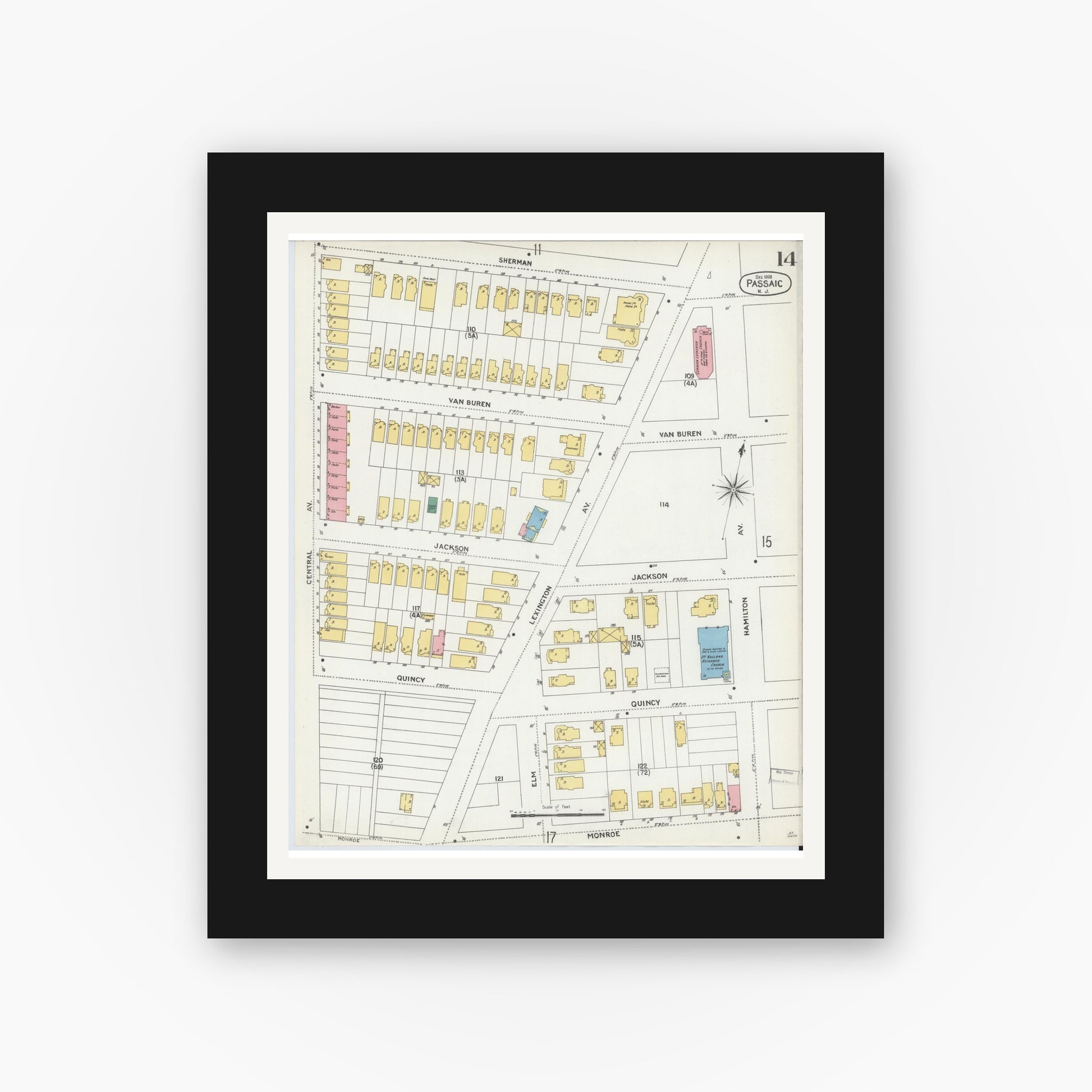 Old map wall art mockup — black gallery frame with white mat — Sanborn Fire Insurance Map from Passaic, Passaic County, New Jersey (1903), Sheet #0014