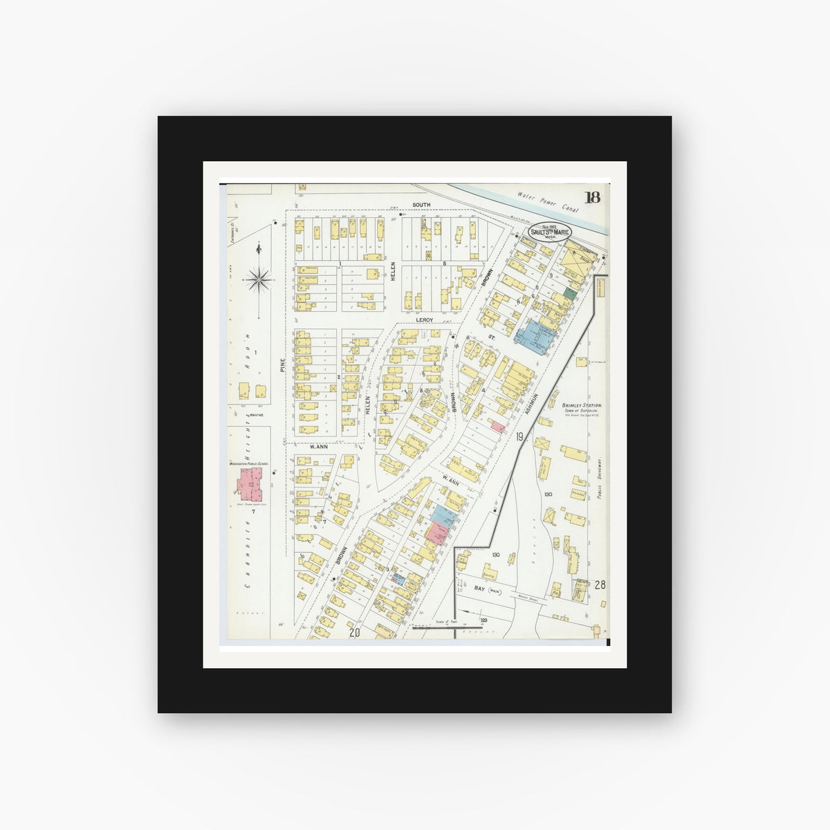 Old map wall art mockup — black gallery frame with white mat — Sanborn Fire Insurance Map from Sault Sainte Marie, Chippewa County, Michigan (1902), Sheet #0018