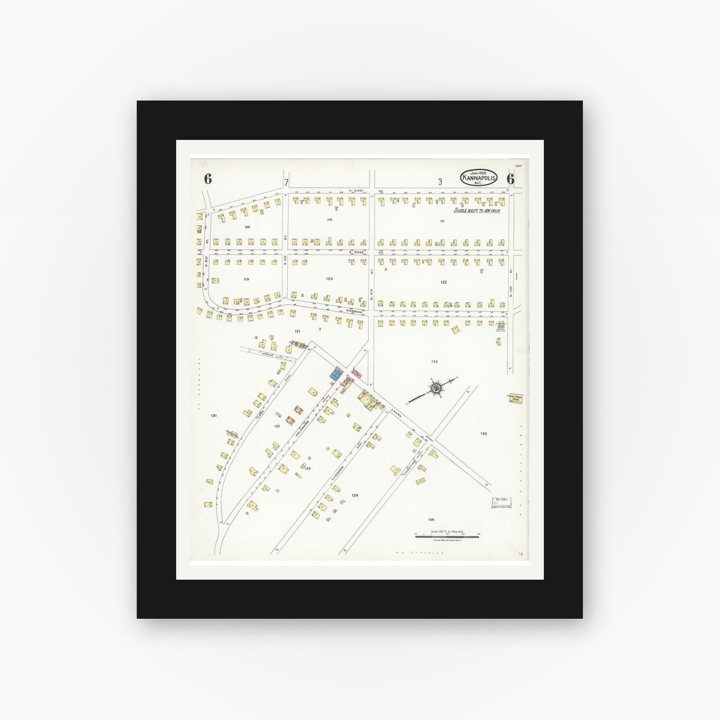 Old map wall art mockup — black gallery frame with white mat — Sanborn Fire Insurance Map from Kannapolis, Rowan And Cabarrus Counties, North Carolina (1926), Sheet #0006