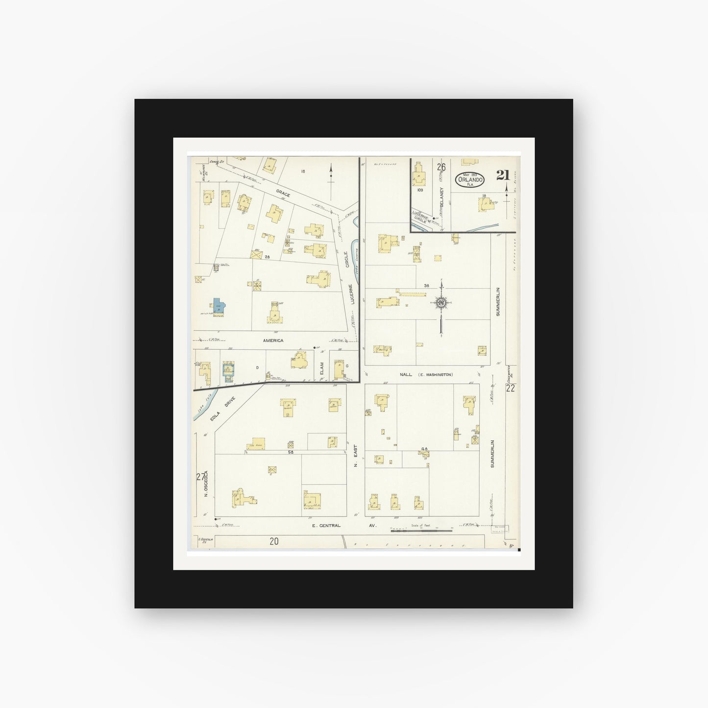 Old map wall art mockup — black gallery frame with white mat — Sanborn Fire Insurance Map from Orlando, Orange County, Florida (1913), Sheet #0021