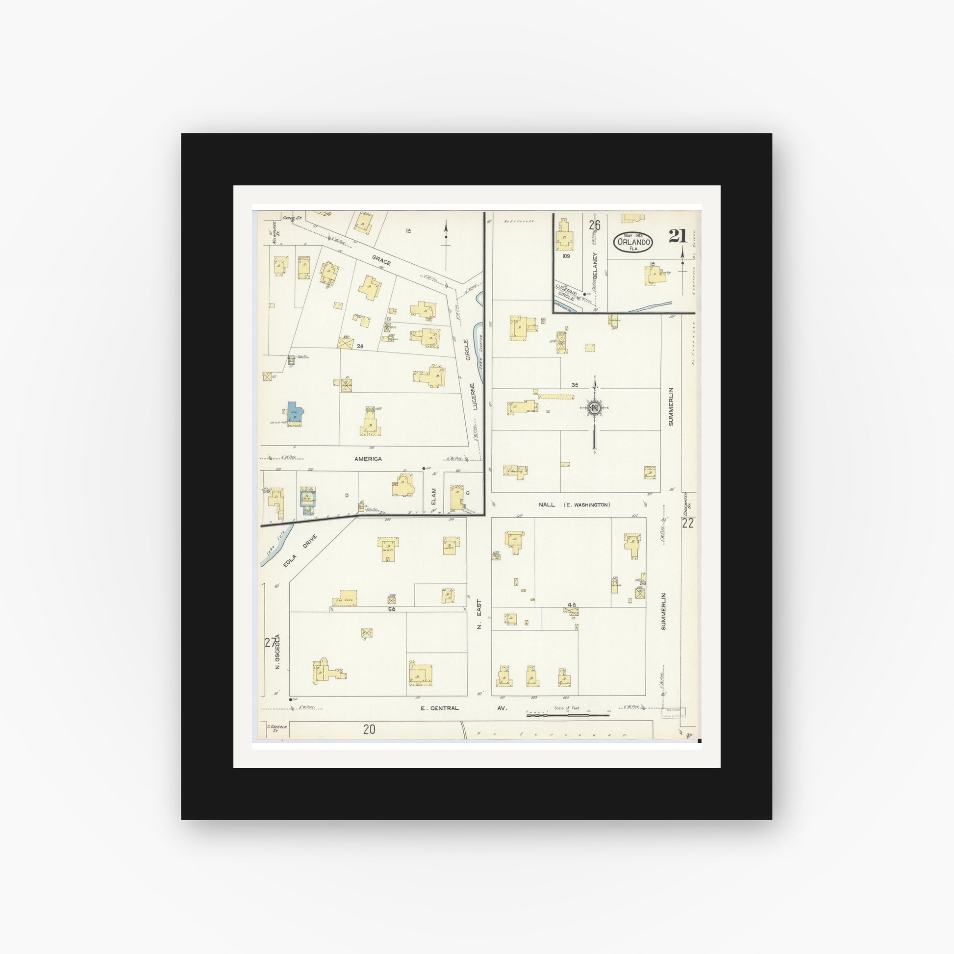 Old map wall art mockup — black gallery frame with white mat — Sanborn Fire Insurance Map from Orlando, Orange County, Florida (1913), Sheet #0021