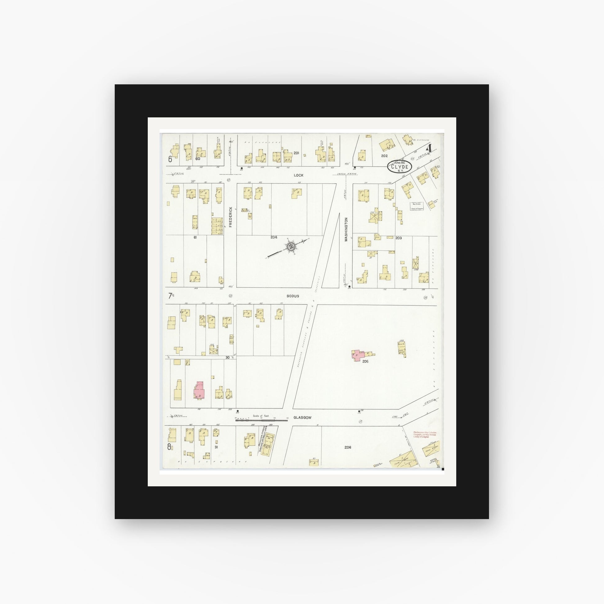 Old map wall art mockup — black gallery frame with white mat — Sanborn Fire Insurance Map from Clyde, Wayne County, New York (1912), Sheet #0004