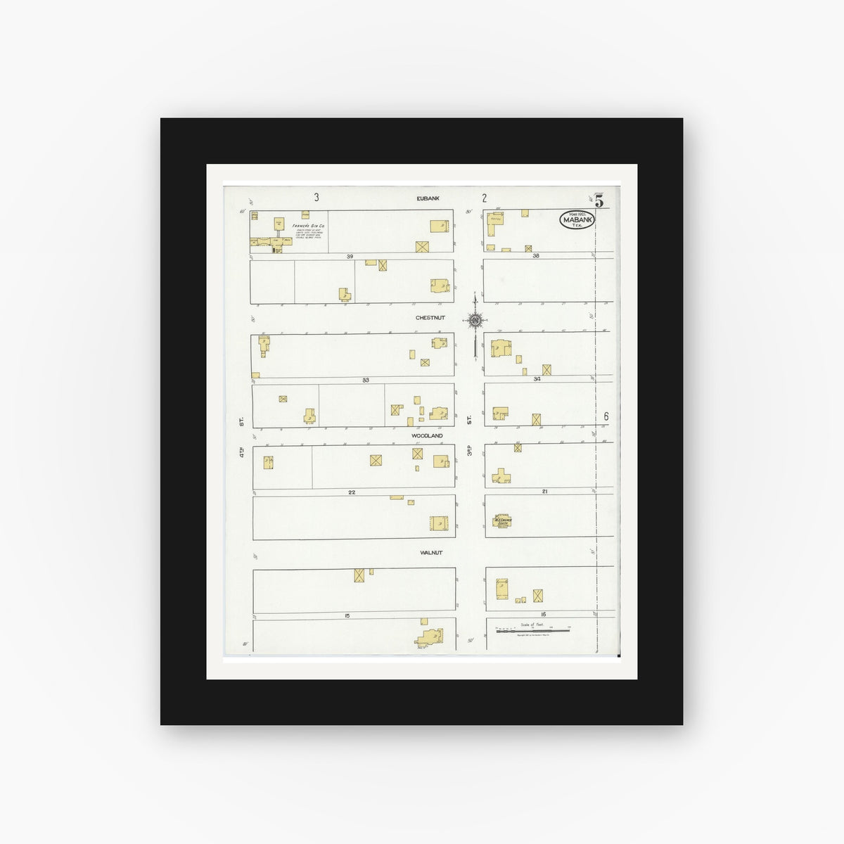 Old map wall art mockup — black gallery frame with white mat — Sanborn Fire Insurance Map from Mabank, Kaufman County, Texas (1921), Sheet #0005
