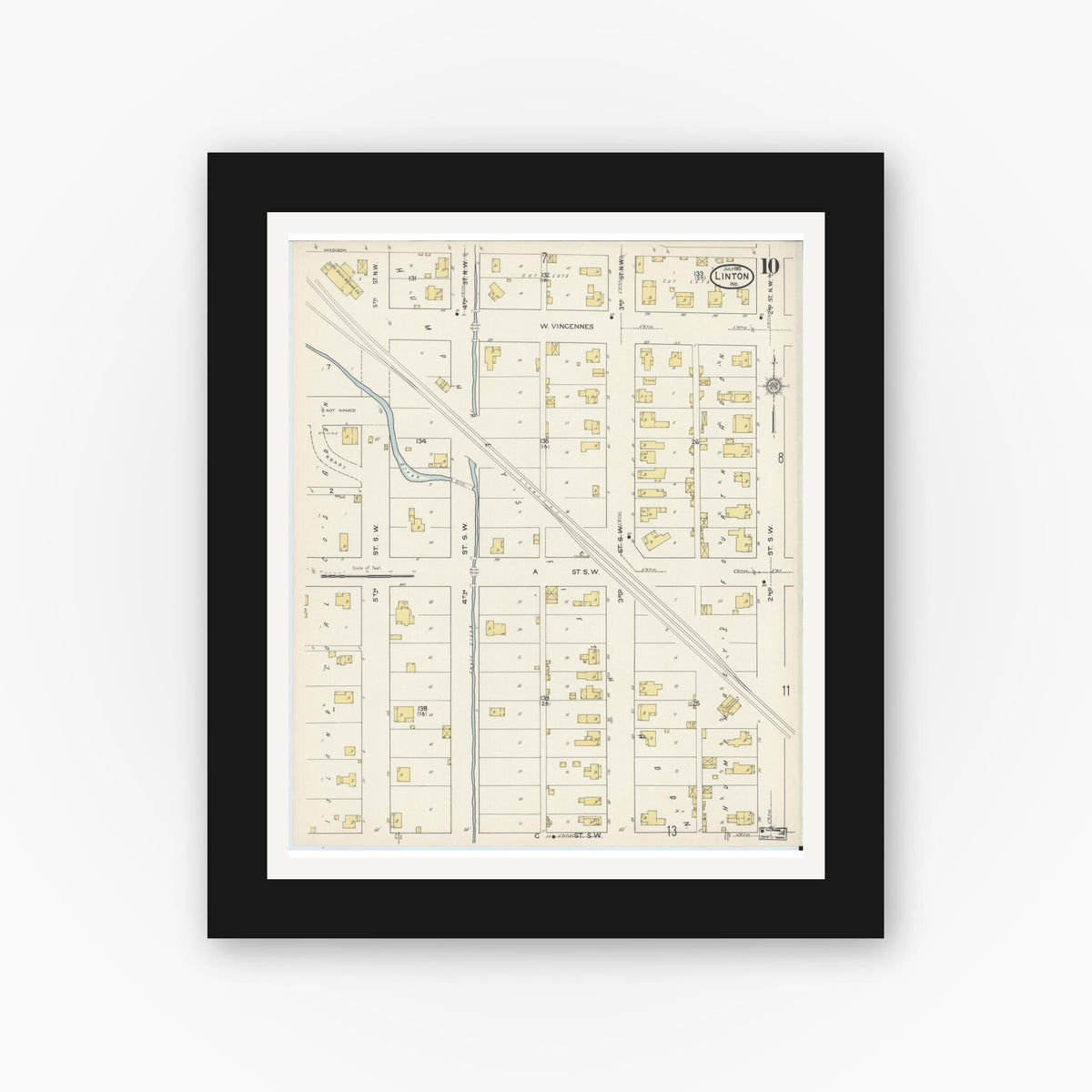 Old map wall art mockup — black gallery frame with white mat — Sanborn Fire Insurance Map from Linton, Greene County, Indiana (1915), Sheet #0010
