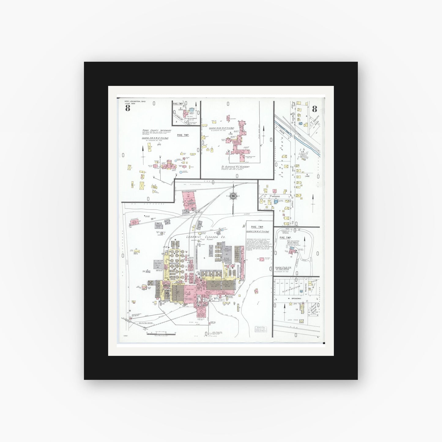 Old map wall art mockup — black gallery frame with white mat — Sanborn Fire Insurance Map from New Lexington, Perry County, Ohio (1950), Sheet #0008