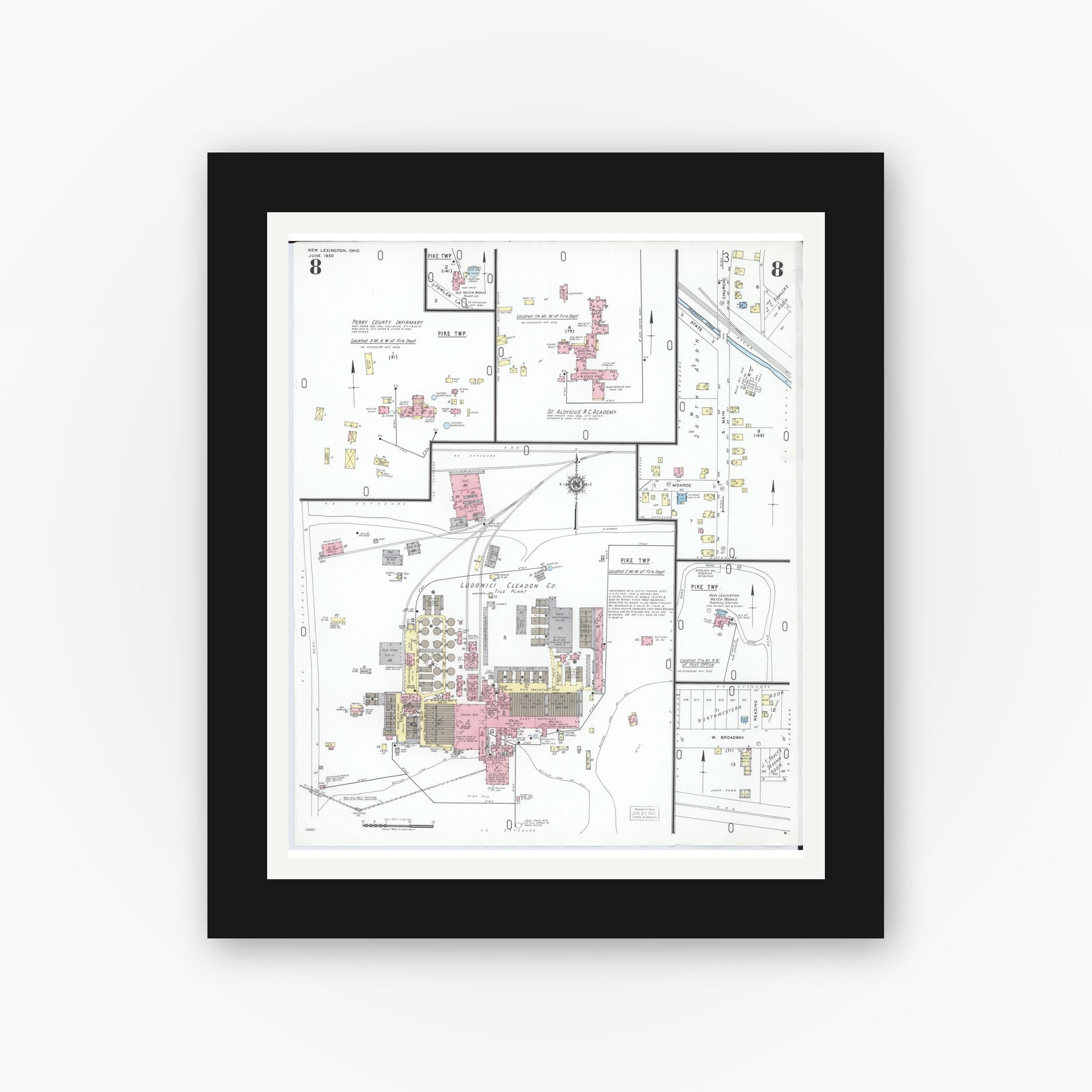 Old map wall art mockup — black gallery frame with white mat — Sanborn Fire Insurance Map from New Lexington, Perry County, Ohio (1950), Sheet #0008
