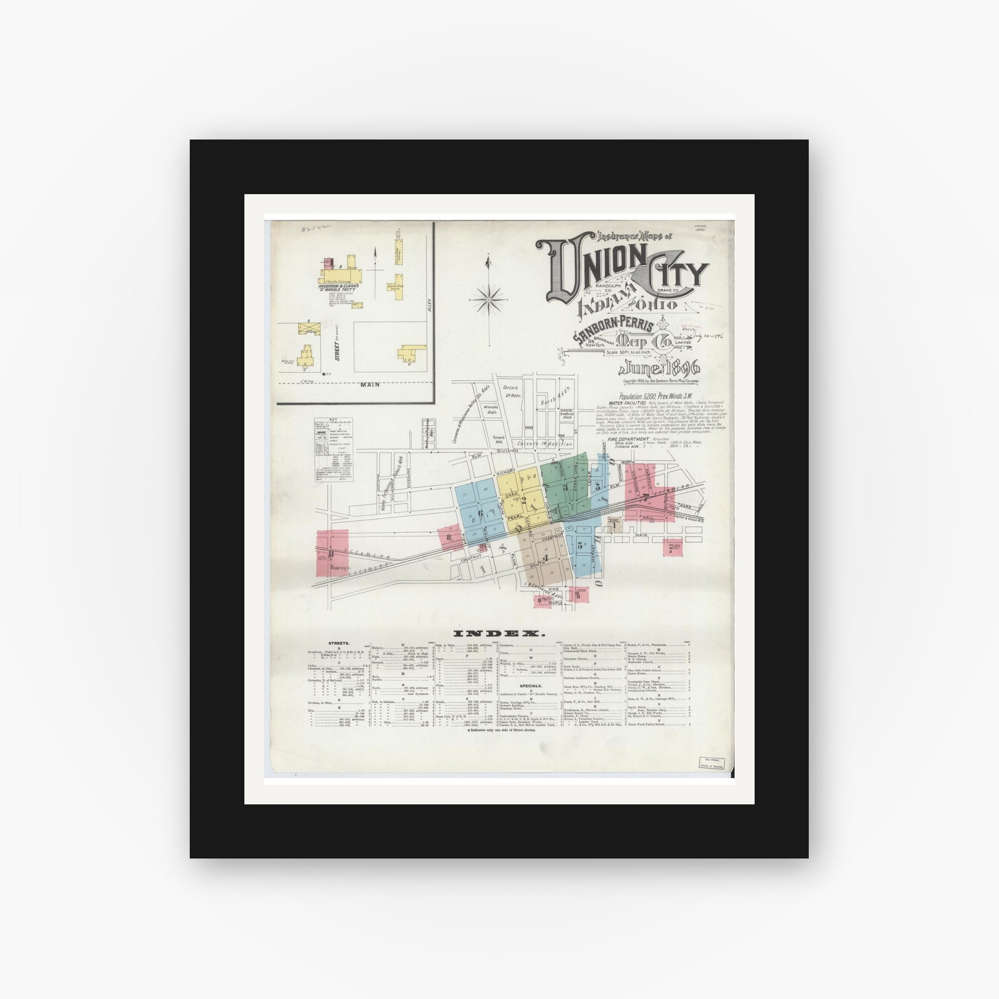 Old map wall art mockup — black gallery frame with white mat — Sanborn Fire Insurance Map from Union City, Randolph County, Indiana (1896) - Complete Map Set