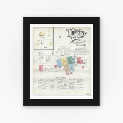 Old map wall art mockup — black gallery frame with white mat — Sanborn Fire Insurance Map from Union City, Randolph County, Indiana (1896) - Complete Map Set