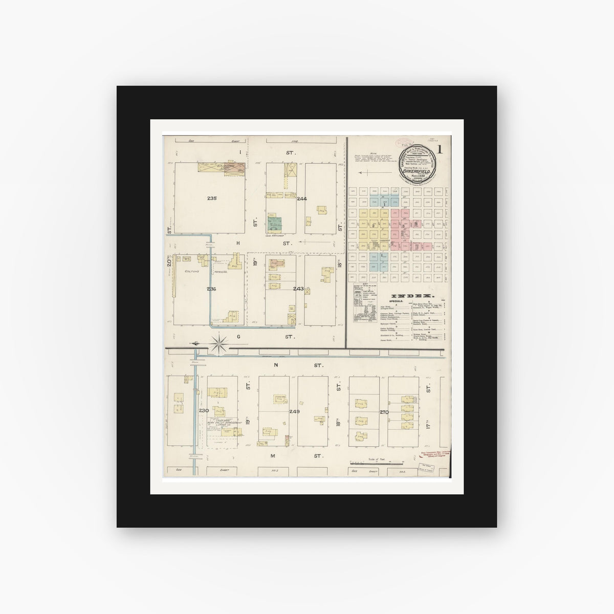 Old map wall art mockup — black gallery frame with white mat — Sanborn Fire Insurance Map from Bakersfield, Kern County, California (1889), Sheet #0001