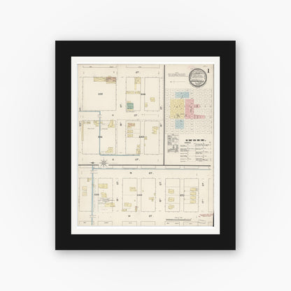 Old map wall art mockup — black gallery frame with white mat — Sanborn Fire Insurance Map from Bakersfield, Kern County, California (1889), Sheet #0001
