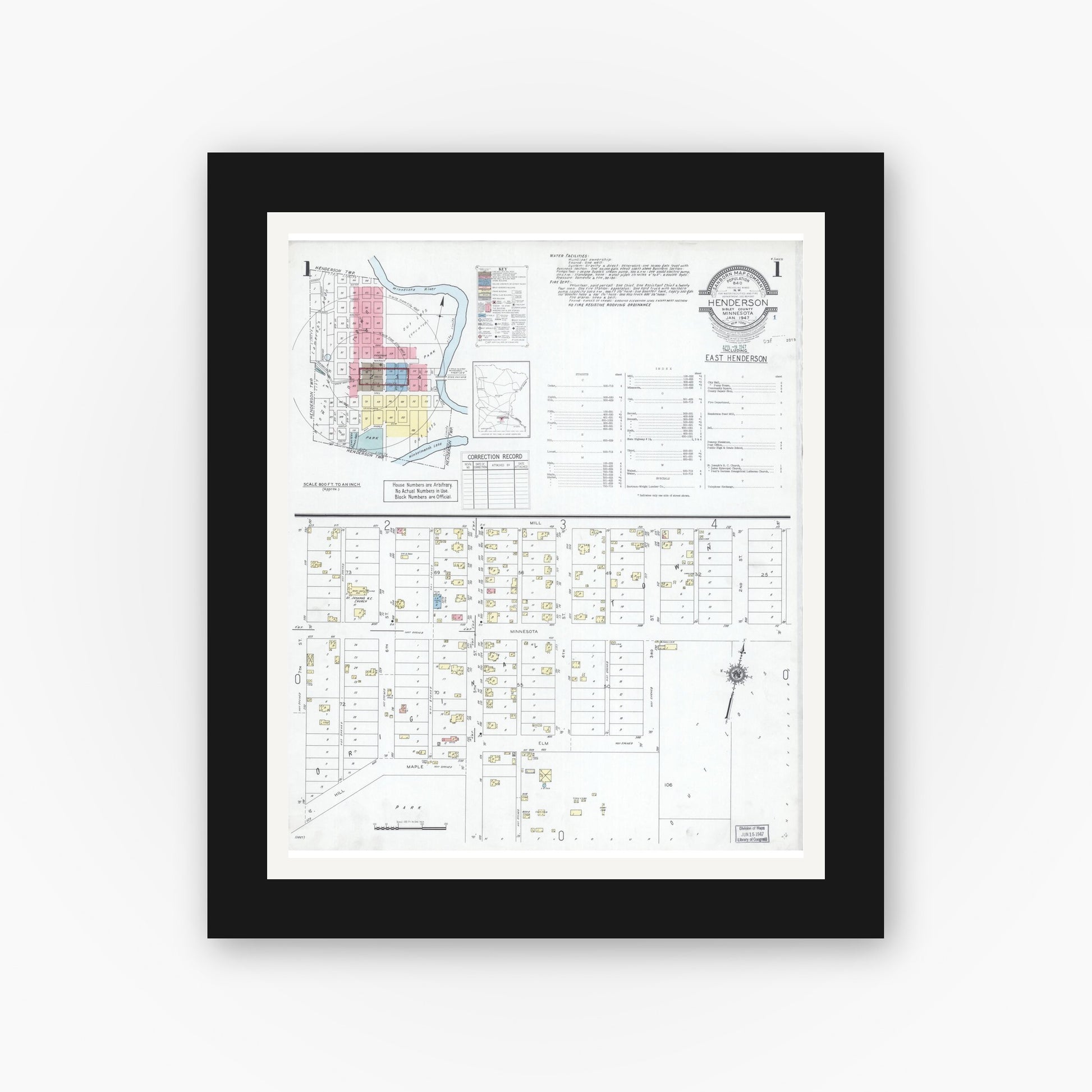 Old map wall art mockup — black gallery frame with white mat — Sanborn Fire Insurance Map from Henderson, Sibley County, Minnesota (1947), Sheet #0001