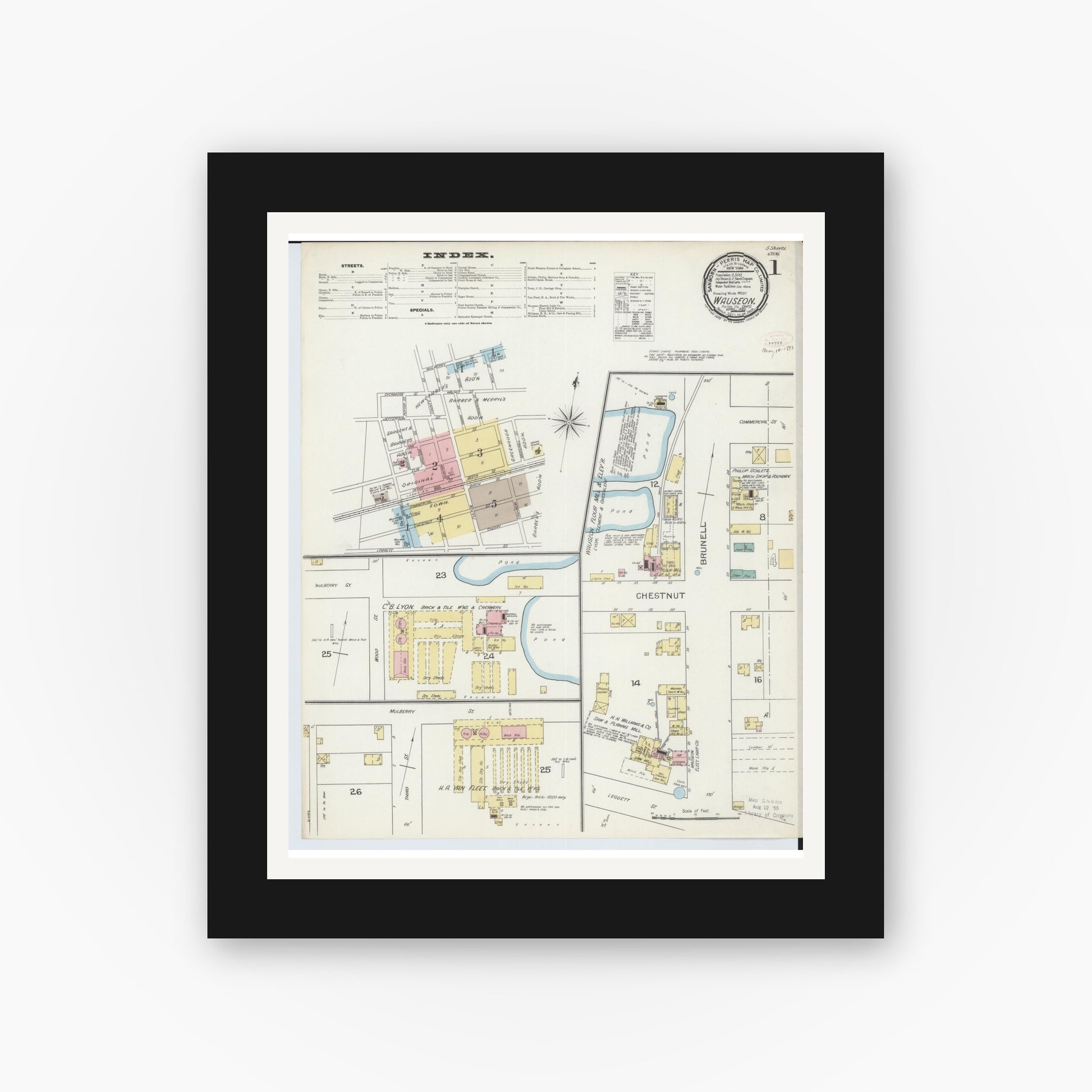 Old map wall art mockup — black gallery frame with white mat — Sanborn Fire Insurance Map from Wauseon, Fulton County, Ohio (1893), Sheet #0001